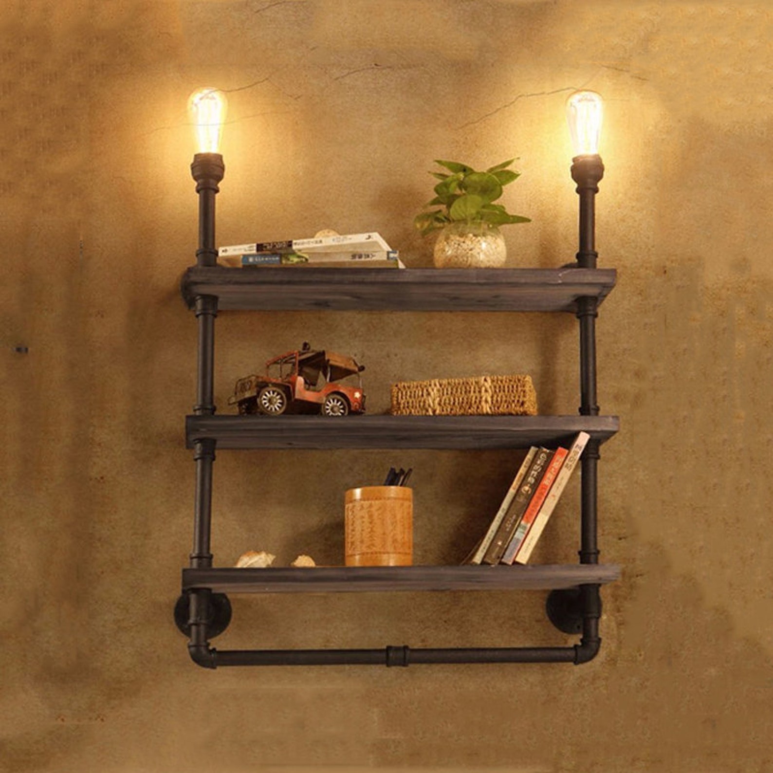Wall Lamp With Shelves Wooden Shelves Lamp Handmade Living Etsy