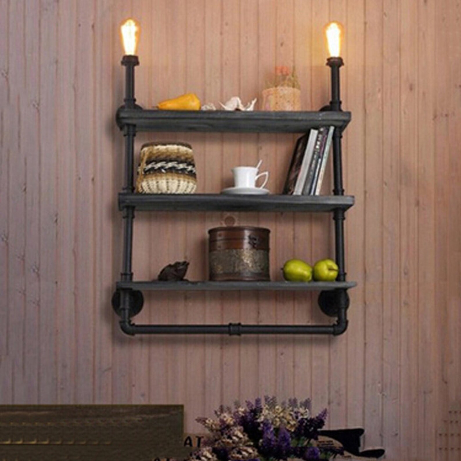 Wall Lamp With Shelves Wooden Shelves Lamp Handmade Living Etsy