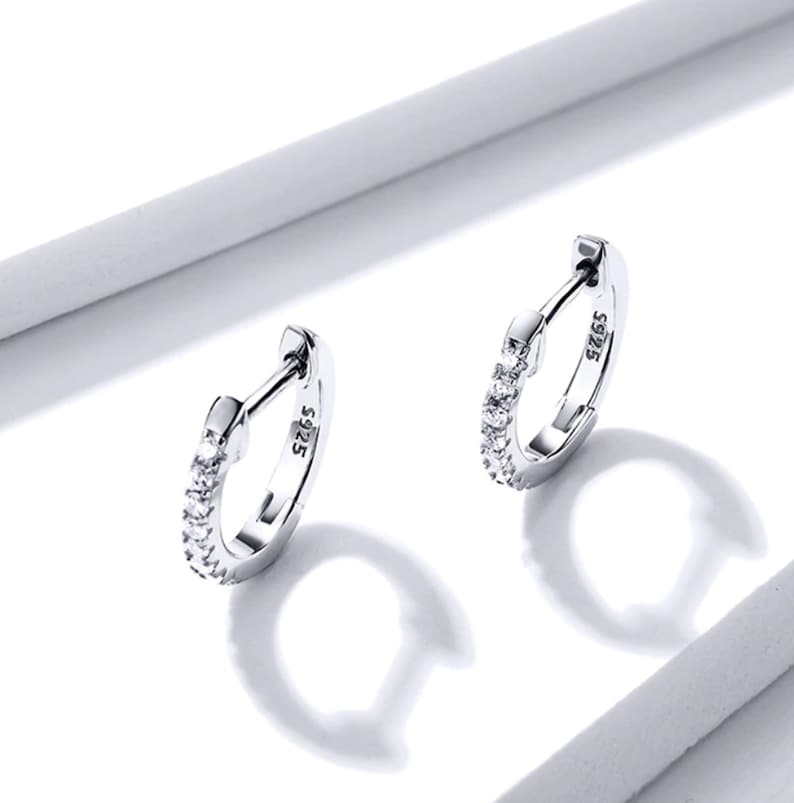 Delicate Earrings Valentines day gift Wedding Earring Silver 925 Huggie Earrings 10mm Cubic Zirconia Hoop Earrings Sterling silver 925