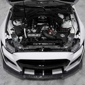 May include: A white Shelby GT500 car with the hood open, revealing the engine. The engine bay is black and features the Shelby logo and GT500 text. The front of the car has a black and white striped design.