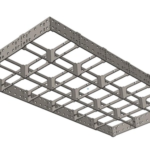 K&ouml;nnte beinhalten: Graue rechteckige Metallstruktur mit gitterartigem Muster. Die Struktur besteht aus miteinander verbundenen Metallteilen mit zahlreichen kleinen L&ouml;chern an den Kanten. Das Design scheint eine St&uuml;tze oder ein Rahmen zu sein.