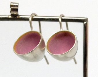 Earrings made of sterling silver with pink enamel, handmade wide calyxes or horns, unique ear jewelry by Britta Ehlich