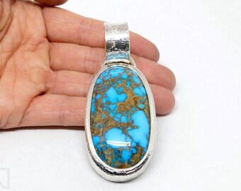 Large pendant with oval turquoise, imposing silver jewelry with large blue gemstone, handmade necklace by Marcel Meier