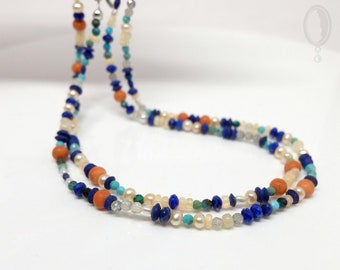 Long gemstone necklace with turquoise, lapis lazuli, coral, opals, labradorite and genuine pearls, 85cm long necklace by Bernd-Ove Hansen