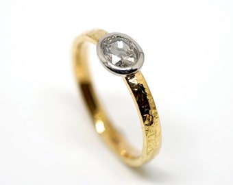 Gold ring with diamond rose in platinum, forged ring in 18K gold with oval rose cut diamond, unique piece by Marcel Meier, size 58