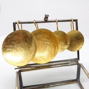 Golden earrings with large round discs, earrings made of silver and plated with fine gold, goldsmith jewelry from Berlin by B-O Hansen image 10