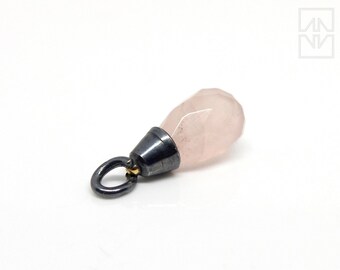 Rose quartz drop as a pendant with blackened silver and gold beads, small facetted pendant made of rose quartz by goldsmith from Berlin