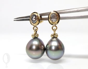 18K gold diamond earrings with silver gray Tahitian pearls and diamonds, opulent earrings with diamond roses and gray pearls