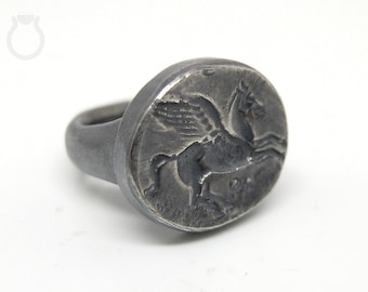 Intaglio silver ring with Pegasos motive, winged horse, blackened silver jewelry for men and women in antique look in size 55