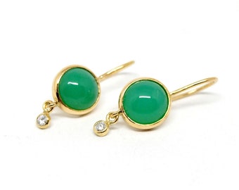 Chrysoprase earrings in 18K gold with diamond pendants, handmade earrings with green gemstones, ear jewelry by Bernd-Ove Hansen