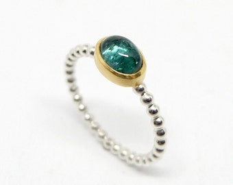 Silver beaded ring with turquoise green tourmaline in 18K gold setting, pearl wire ring with tourmaline of your choice as engagement ring