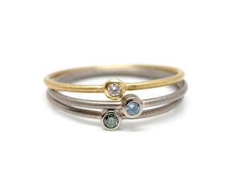 Slim gold rings with different colored diamonds in white gold or yellow gold, engagement ring with blue, green or white diamonds