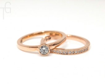 One or two rings in 14K rose gold with diamonds, engagement ring with stacking or wedding ring, ring set with 25 diamonds in pavé setting