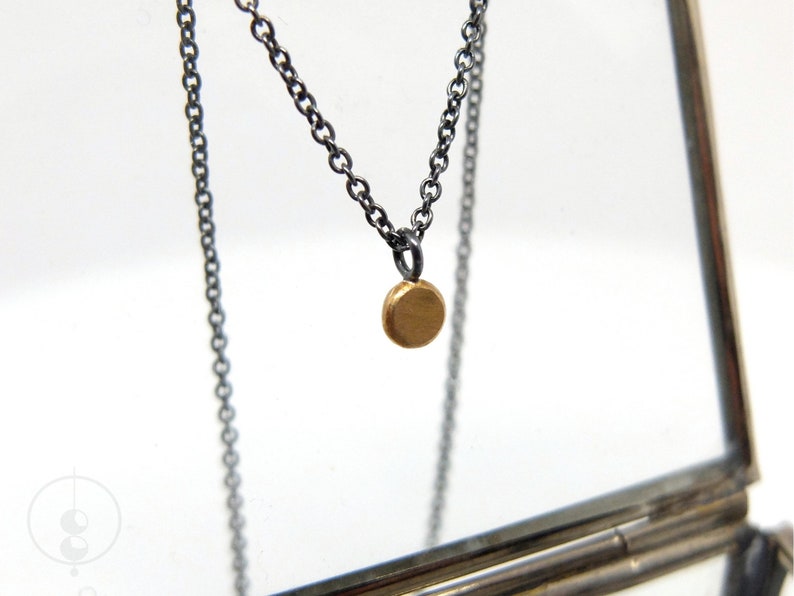 Necklace with dot pendant in recycled 20K gold, 4.5mm diameter with matte finish, blackened silver chain with round gold pendant image 3