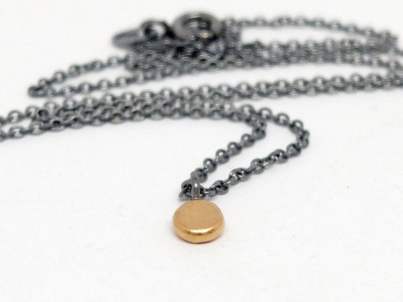 Necklace with dot pendant in recycled 20K gold, 4.5mm diameter with matte finish, blackened silver chain with round gold pendant image 1