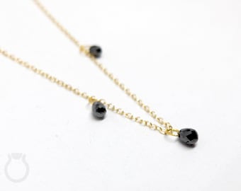 Delicate gold necklace with 3 black diamond drops, fine 18K gold jewelry with diamond pendants, handmade necklace by Britta Ehlich