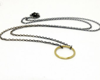 Blackened silver necklace with gold ring, delicate chain with 18K yellow gold ring, handmade necklace as gift for girlfriend