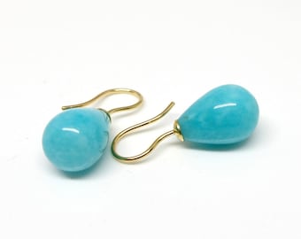 Turquoise earrings made of gold or silver, turquoise amazonite drops with ear hooks made as earrings, light blue gemstone drop-shaped