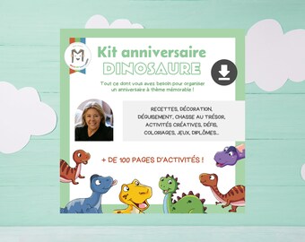 Puede incluir: Un kit de cumpleaños imprimible verde y blanco con temática de dinosaurios. El kit incluye más de 100 páginas de actividades, recetas, decoraciones, juegos y mucho más. La imagen presenta a una mujer sonriente y varios dinosaurios de dibujos animados.