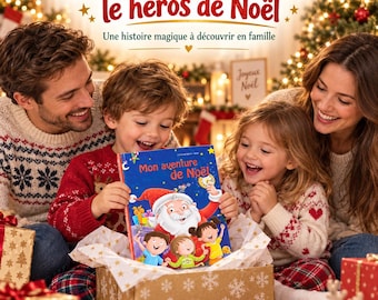 May include: A blue children's book titled Mon aventure de Noël featuring an illustration of Santa Claus and three children. The cover shows a festive scene with stars and a clock. The book is held inside a cardboard box with white snowflake patterns.