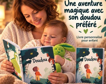 May include: A personalized children's book titled Doudou featuring a forest illustration with a child and a green plush rabbit. The cover shows a child looking at trees. The text reads Une aventure magique avec son doudou préféré.