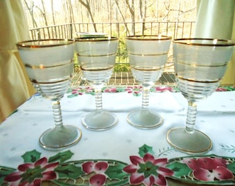 4 Frosted 1950  22K MCM Beaded  Crystal Goblets