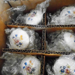 Pu&ograve; includere: Una scatola di cartone contenente diversi pomelli per armadietti in ceramica bianca. Ogni pomello &egrave; decorato con un motivo floreale nei toni del blu, giallo e rosa. I pomelli sono avvolti singolarmente in plastica trasparente.