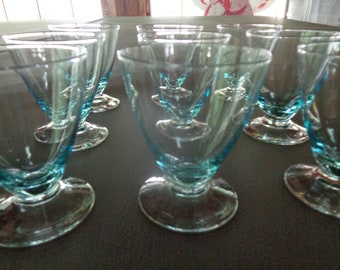 Early Vintage Set of 9 Baby Blue Drinking Glasses On Pedisol