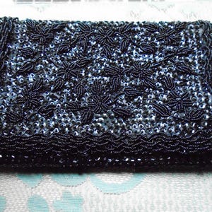 1960&#39;s  Black Beaded Evening Bag  On Satin Made in Hong Hong