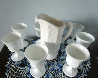 Vintage 10 Piece Indiana  Milk Glass Goblets & 1  Pitcher