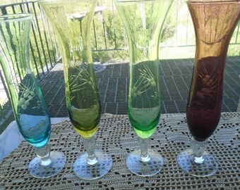 4 Vintage Multi-Colored Etched Flower Vases