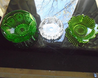 2 Depression Green Dishes and 1 Cut Glass Ashtray