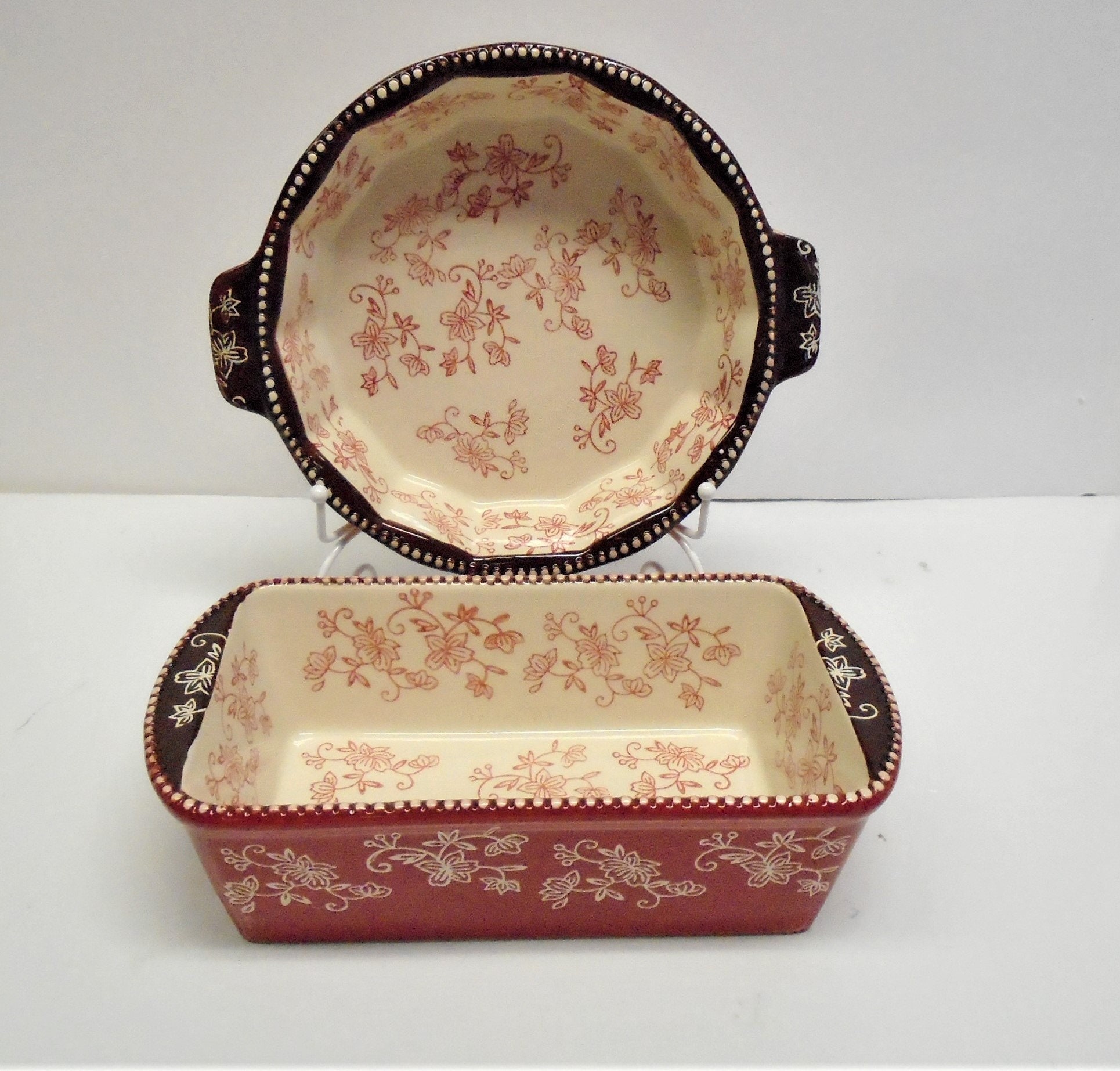 Stoneware Cookware , Temptation, Floral Lace Pattern ,lidded Cassoulet With  Rack 