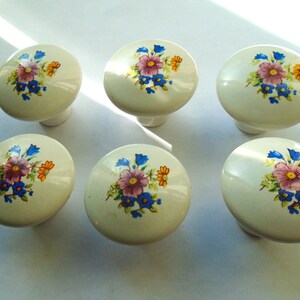 Pu&ograve; includere: Sei pomelli per mobili in ceramica bianco sporco. Ogni pomello presenta un motivo floreale con fiori viola, blu e arancioni. I pomelli sono rotondi con una parte superiore leggermente a cupola e una base cilindrica corta.