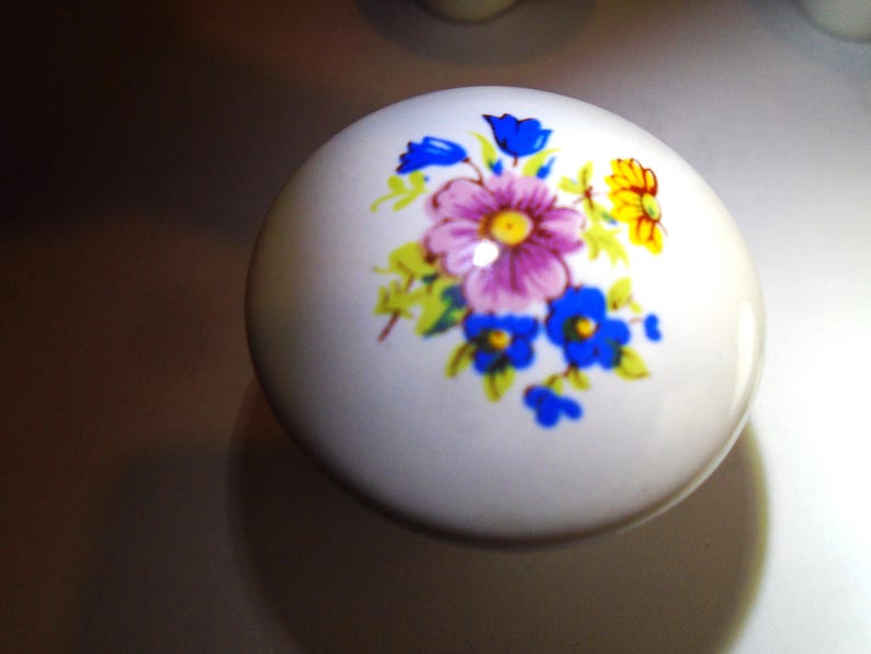 Pu&ograve; includere: Pomello rotondo in ceramica bianca con motivo floreale. I fiori sono viola, blu e gialli, con foglie verdi. Diametro di circa 4 cm. Per armadio o cassetto.