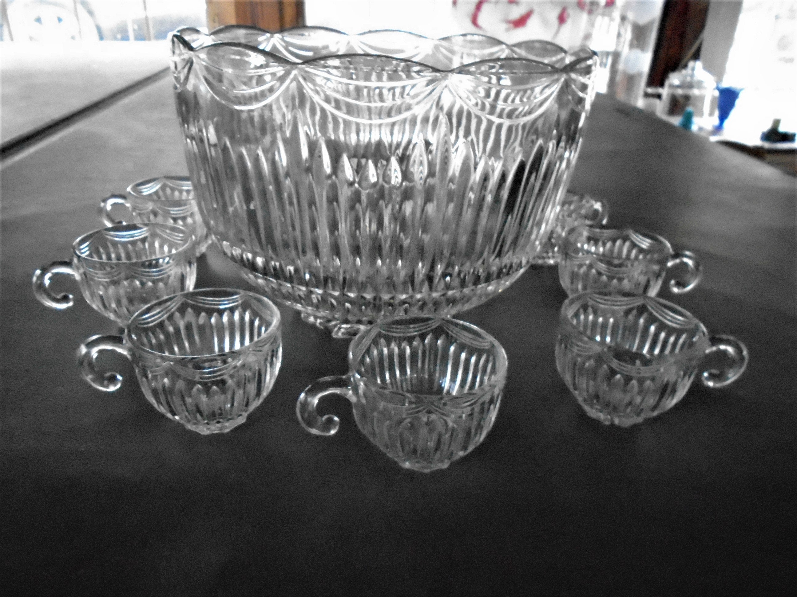 Rare Indiana Glass Company Royal Drape Pattern Punch Bowl Set Etsy