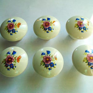 Pu&ograve; includere: Sei pomelli per mobili in ceramica color crema. Ogni pomello presenta un design floreale con fiori rosa, blu e arancioni. I pomelli sono rotondi e hanno una finitura lucida, adatti per mobili o decorazioni.