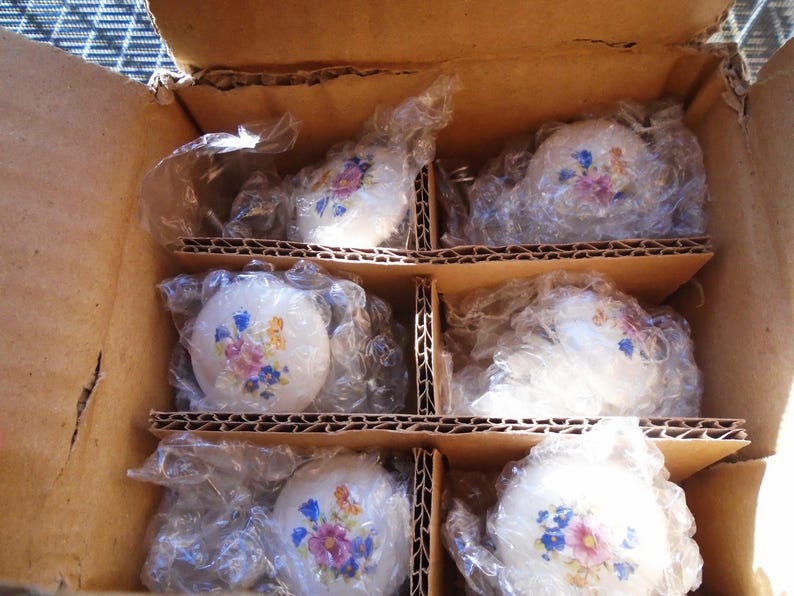 Pu&ograve; includere: Una scatola di cartone contenente sei teiere in ceramica bianca, ciascuna avvolta in plastica trasparente. Le teiere sono decorate con un motivo floreale nei toni del rosa, blu e giallo.