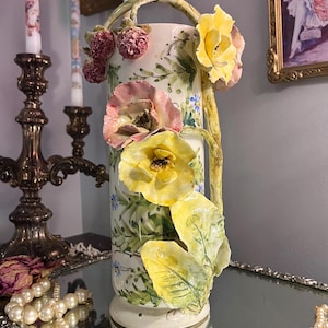 Art Nouveau Style 1920/30’s Barbotine Majolica Czechoslovakia Cylinder Vase