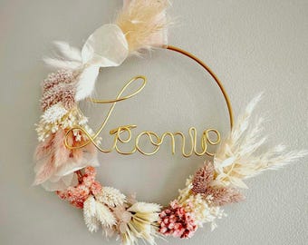 Couronne fleurs séchées personnalisée fête des grand-mères – Cadeau original – Décoration prénom enfant – Couronne murale personnalisée