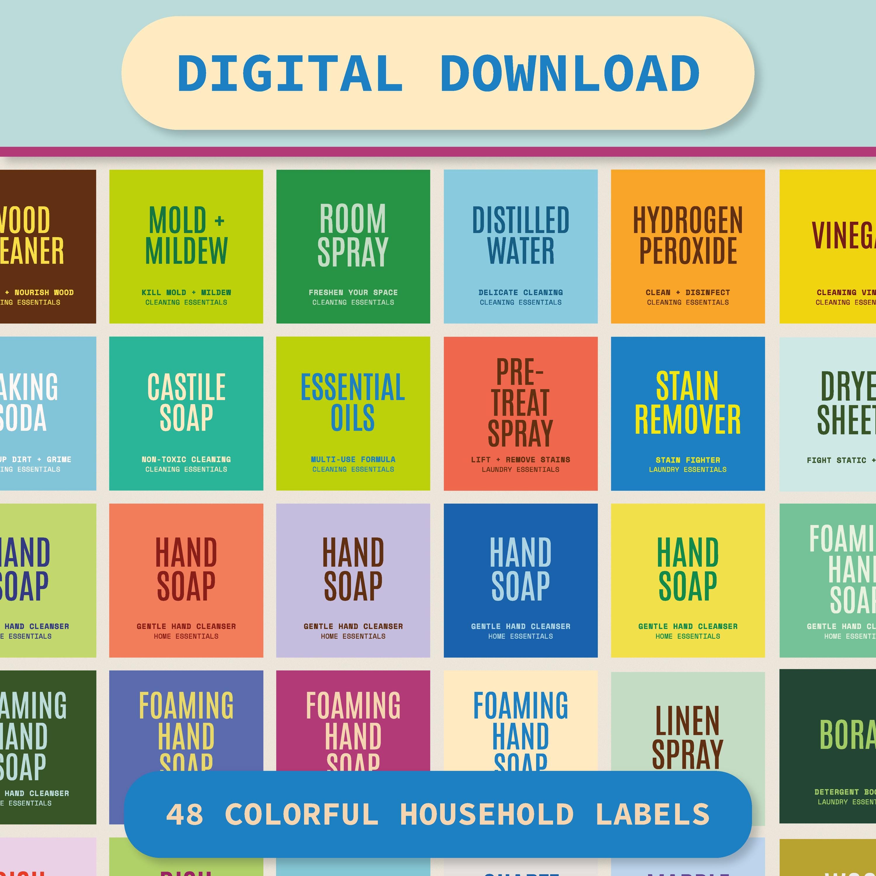 Digital Download | Set of 48 Colorful Cleaning Labels | Designed for ...