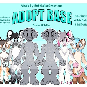 Puede incluir: Ilustración digital de una "ADOPT BASE" para personajes caninos o felinos. La imagen incluye opciones para garras, pestañas y otras características. El texto indica 8 opciones de orejas, 4 de pelo y 6 de cola. Fondo azul claro.