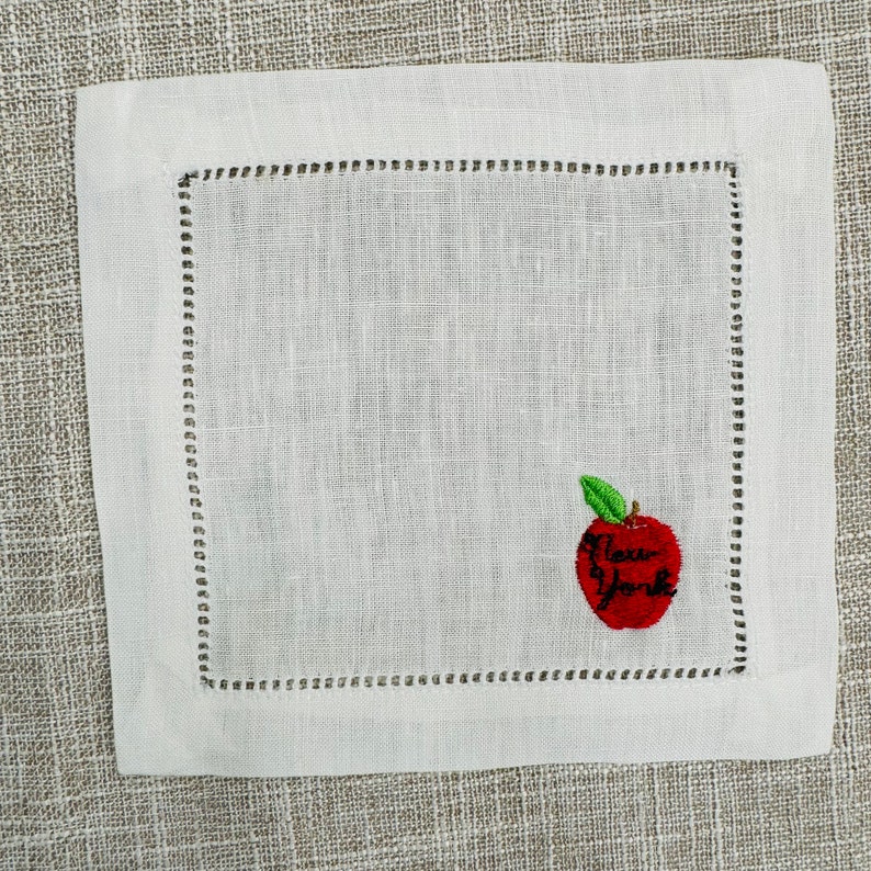 NYC Embroidered Cocktail Napkins: Big Apple Taxi Linen New York Icons, Set of 4
