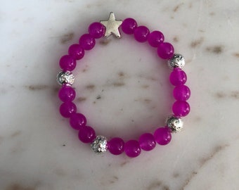 Magenta & Silver Star Bead Elastic Bracelet