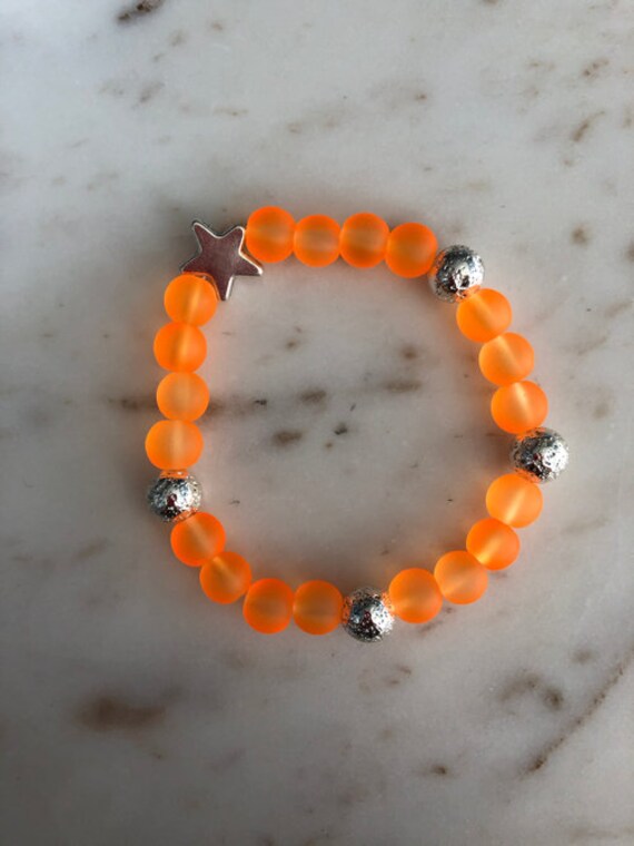 Neon Orange Silver Star Bead Elastic Bracelet