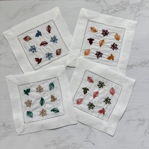 Autumn Leaves Embroidered Cocktail Napkins: Fall Linen Acorns