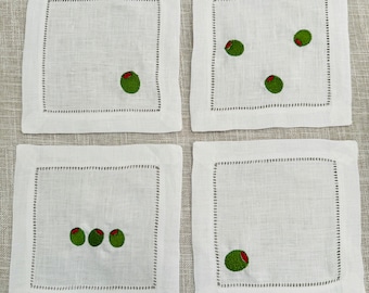 Embroidered Olive Linen Cocktail Napkins | Martini Barware, Hostess Gift