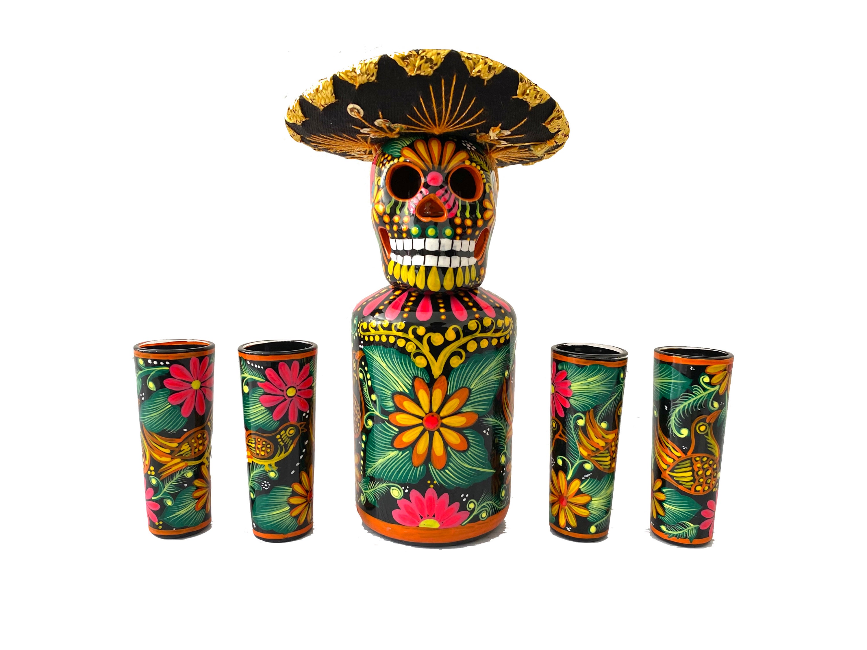 Liquor Decanter Set With Shot Glasses and Sombrero / Handpainted