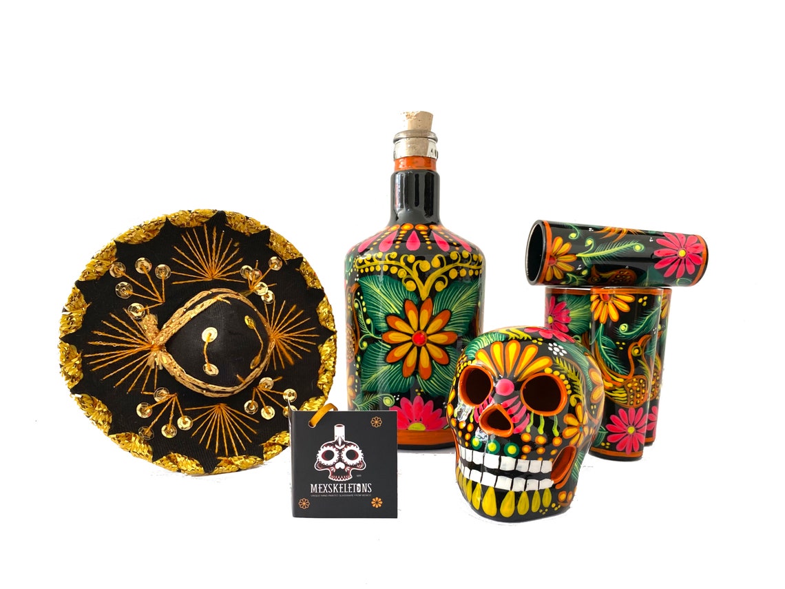 Liquor Decanter Set With Shot Glasses and Sombrero / Handpainted