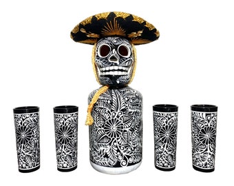 Liquor Decanter Set with Shot Glasses and Sombrero / Handpainted Tequila Decanter / Christmas Gift / Fathters Gift / Anniversary Gift/